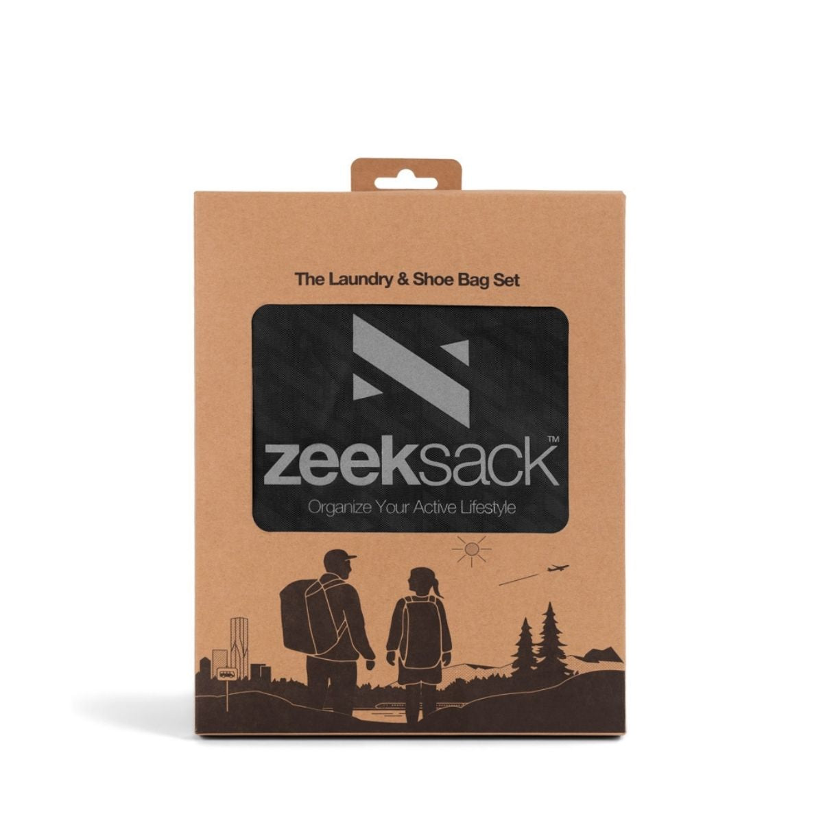 Opakowanie Zeeksack Zestaw worków na pranie i buty – brązowe pudełko z okienkiem pokazującym czarną torbę, ilustracja dwóch osób z plecakami idących w naturze, praktyczne rozwiązanie do oddzielania ubrań i obuwia w podróży.