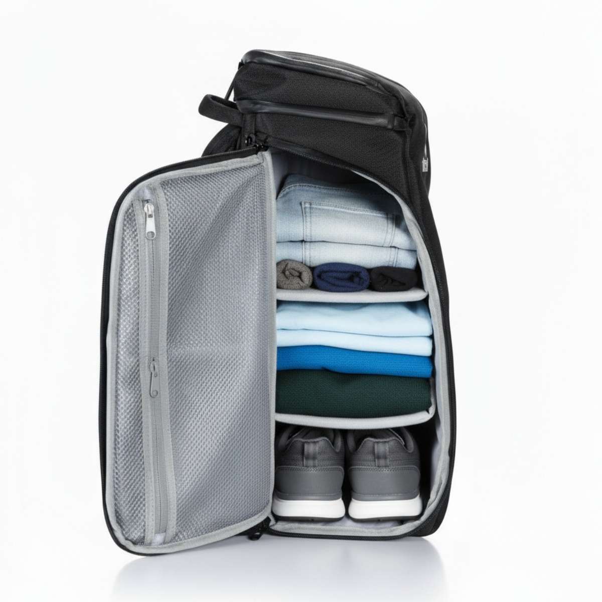 Czarny plecak z przodu z otwartym zamkiem, pokazuje ubrania i akcesoria.