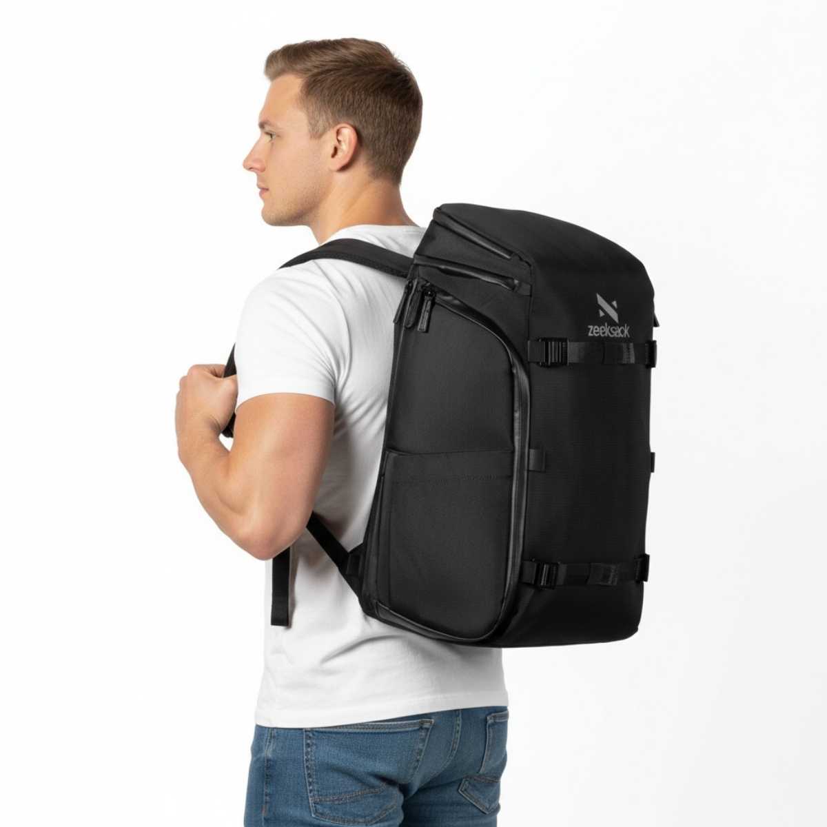 Mężczyzna w białej koszulce i dżinsach prezentuje plecak Zeeksack w profilu, studio na białym tle.