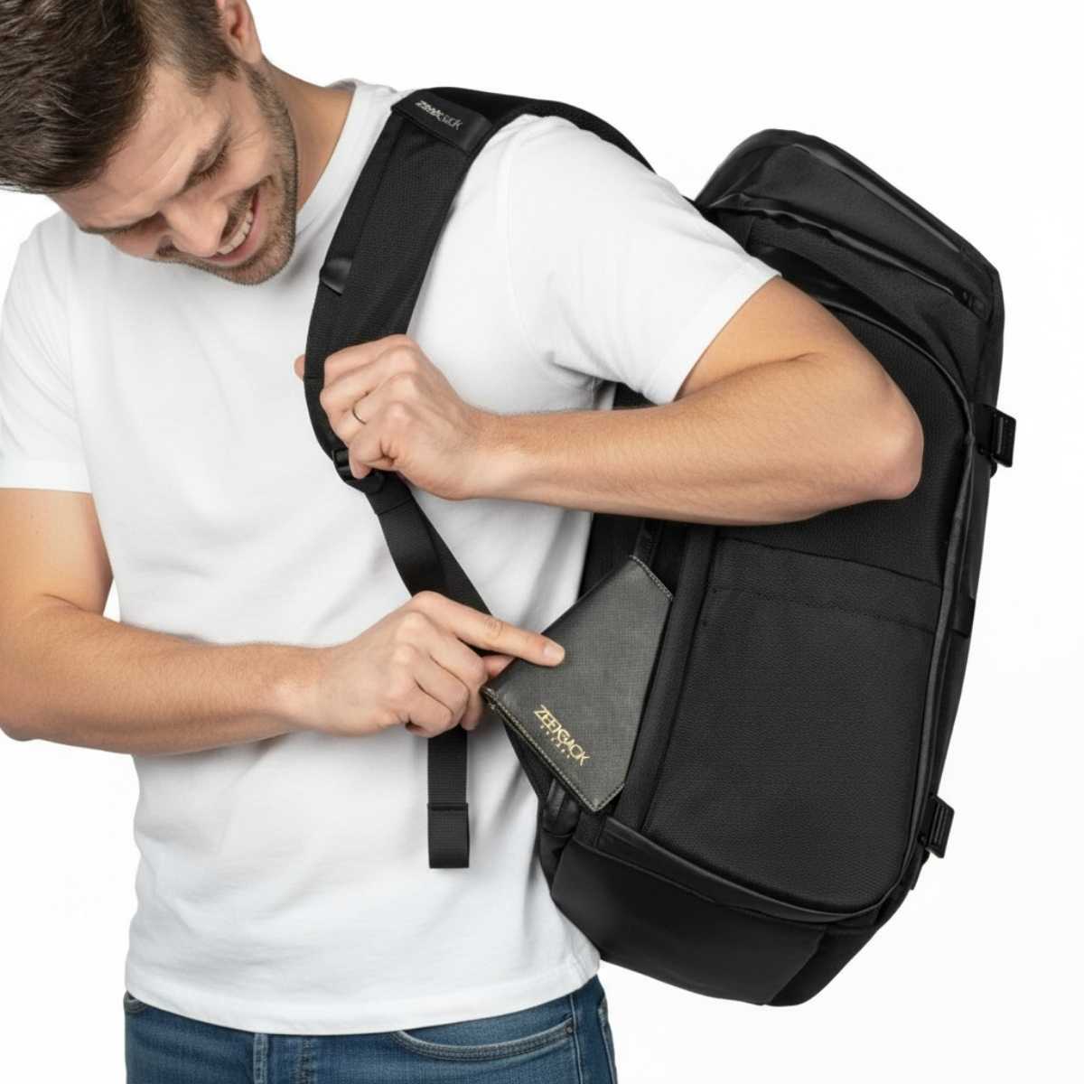 Mężczyzna w białej koszulce i dżinsach otwiera boczną kieszeń czarnego plecaka Zeeksack, studio na białym tle.